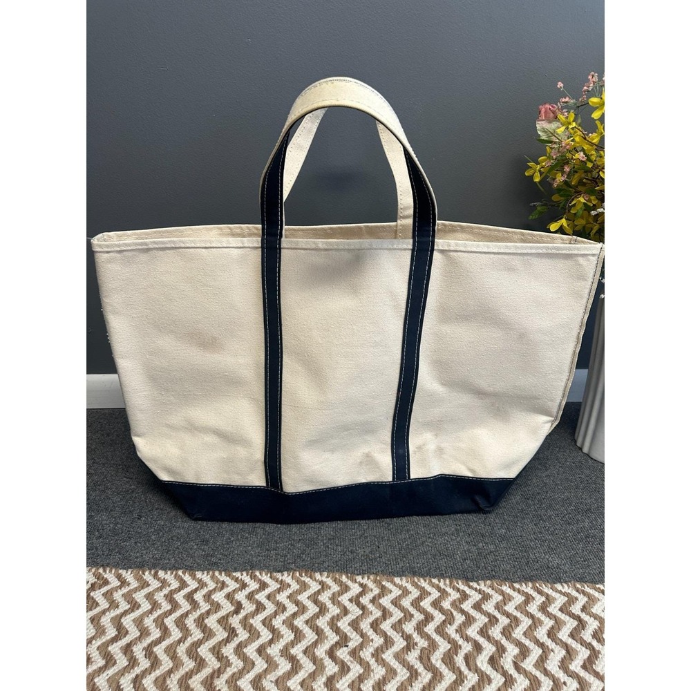 Vintage L.L. Bean Boat and Tote Canvas Bag Jumbo 80s Navy Cream Freeport Maine - Picture 5 of 14